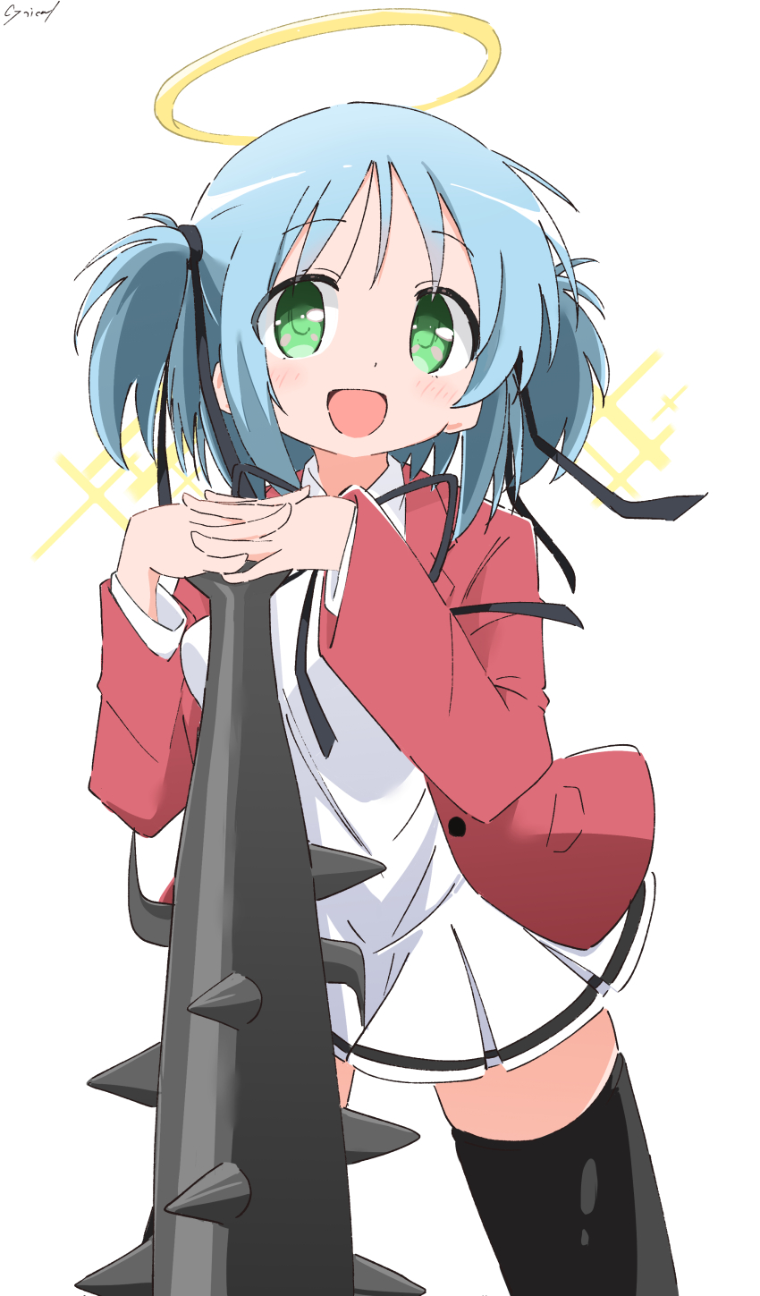 1girl absurdres black_ribbon black_thighhighs blazer blue_hair bokusatsu_tenshi_dokuro-chan club club_(weapon) cynical_(llcbluckg_c004) excalibolg green_eyes hair_ribbon halo highres jacket mitsukai_dokuro neck_ribbon pleated_skirt red_jacket ribbon shirt short_hair skirt sparkle spiked_club thighhighs weapon white_background white_shirt white_skirt