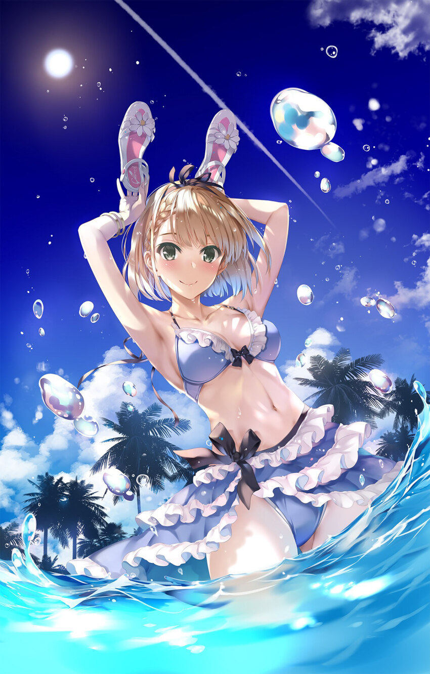 1girl 22/7 animal_ears asymmetrical_bangs bikini black_hairband black_ribbon blonde_hair blue_bikini blue_sky blurry blush braid breasts closed_mouth collarbone contrail cowboy_shot depth_of_field dutch_angle fake_animal_ears frilled_bikini frills green_eyes hair_ribbon hairband hands_on_own_head highres holding holding_sandals looking_at_viewer misaki_kurehito navel ocean official_art outdoors palm_tree rabbit_ears ribbon ribbon-trimmed_bikini ribbon_trim saito_nicole sandals short_hair single_braid sky smile solo splashing summer sun swimsuit tree unworn_sandals wading water_drop white_sandals