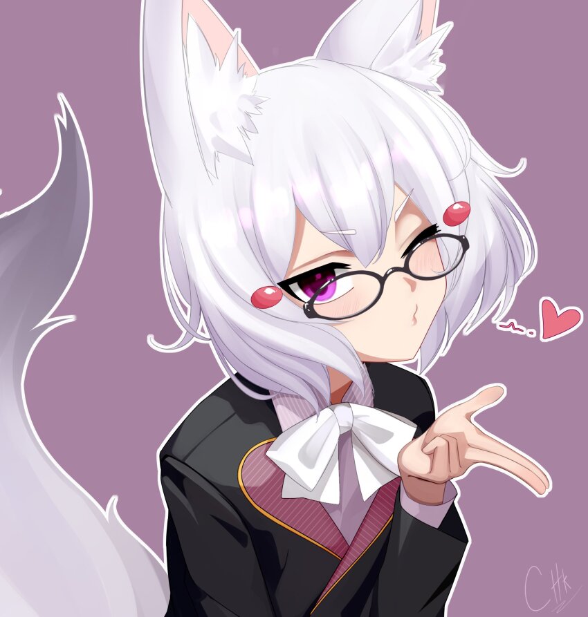 1girl animal_ear_fluff animal_ears black_jacket blowing_kiss bow bowtie chenki_(chenki) fox_ears fox_girl fox_tail glasses gradient_tail hair_ornament heart highres jacket one_eye_closed phase_connect purple_background purple_eyes signature solo tail tenma_maemi tenma_maemi_(2nd_costume) upper_body virtual_youtuber white_bow white_bowtie white_hair