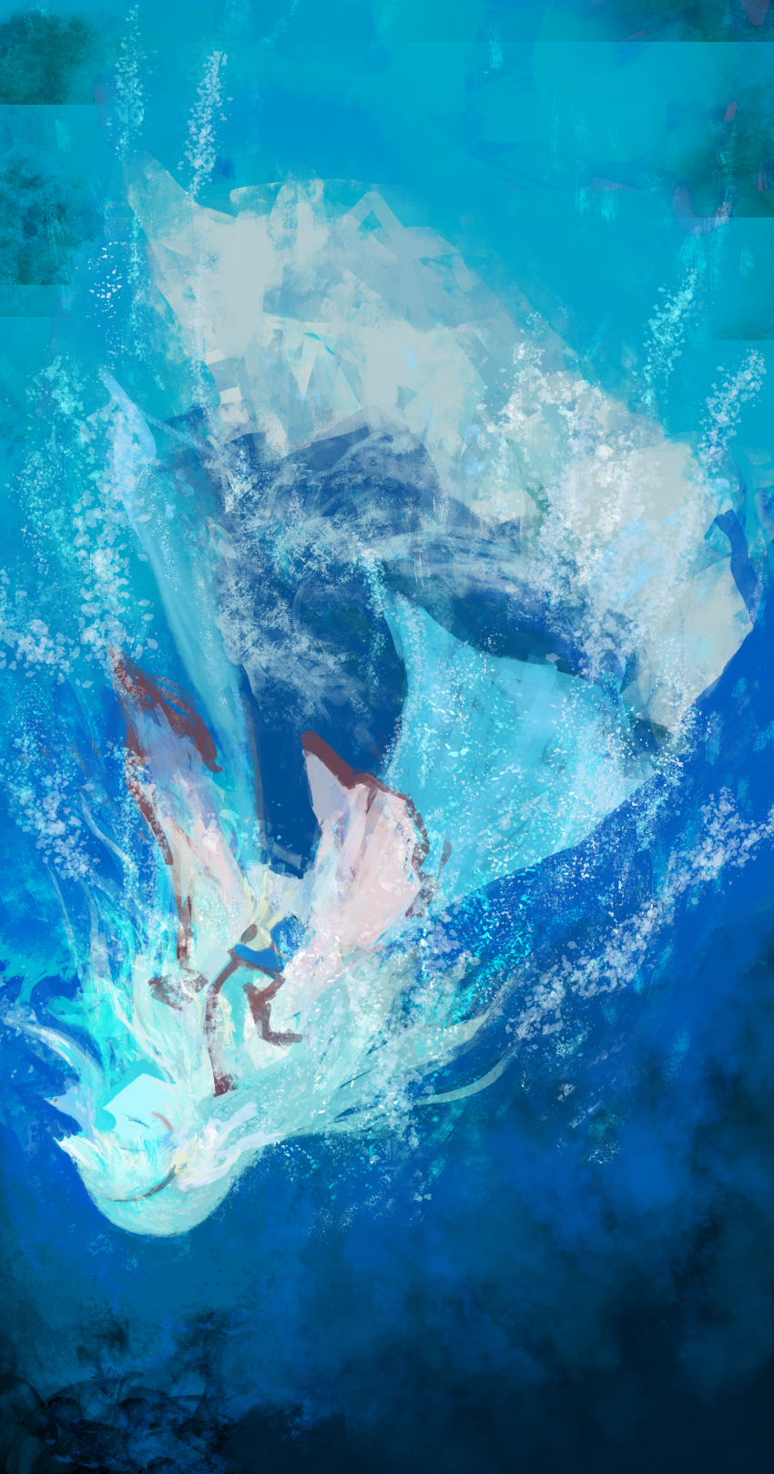 1girl absurdres blue_hair closed_eyes detached_sleeves female_focus frilled_skirt frills gradient_background highres japanese_clothes long_hair ocean original riverbed_soul_saver sinking skirt solo suitenguu_no_himemiko touhou very_long_hair