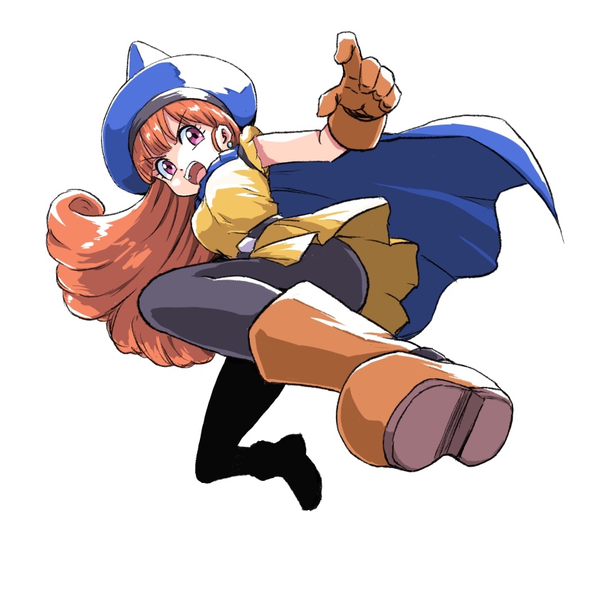 1girl alena_(dq4) black_leggings blue_cape blue_hat blunt_bangs boots breasts cape commentary_request curly_hair dragon_quest dragon_quest_iv earrings floating_clothes floating_hair gloves hat highres ikaringo_(ikaringo4444) incoming_attack incoming_kick jewelry leggings looking_to_the_side medium_breasts open_mouth orange_boots orange_gloves orange_hair pink_eyes solo sphere_earrings tunic white_background yellow_tunic