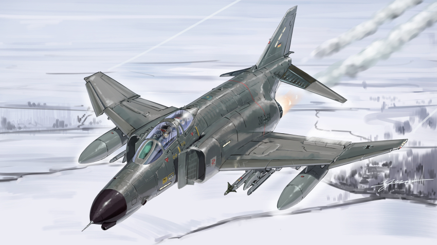 2others absurdres afterburner aim-7_sparrow air-to-air_missile aircraft airplane canopy_(aircraft) cockpit commentary_request contrail cross day drop_tank external_fuel_tank f-4_phantom_ii fighter_jet flight_suit g-suit german_flag helmet highres iron_cross kudryavka_trop luftwaffe military military_vehicle missile multiple_others original outdoors pilot pilot_helmet roundel signature smoke vehicle_focus