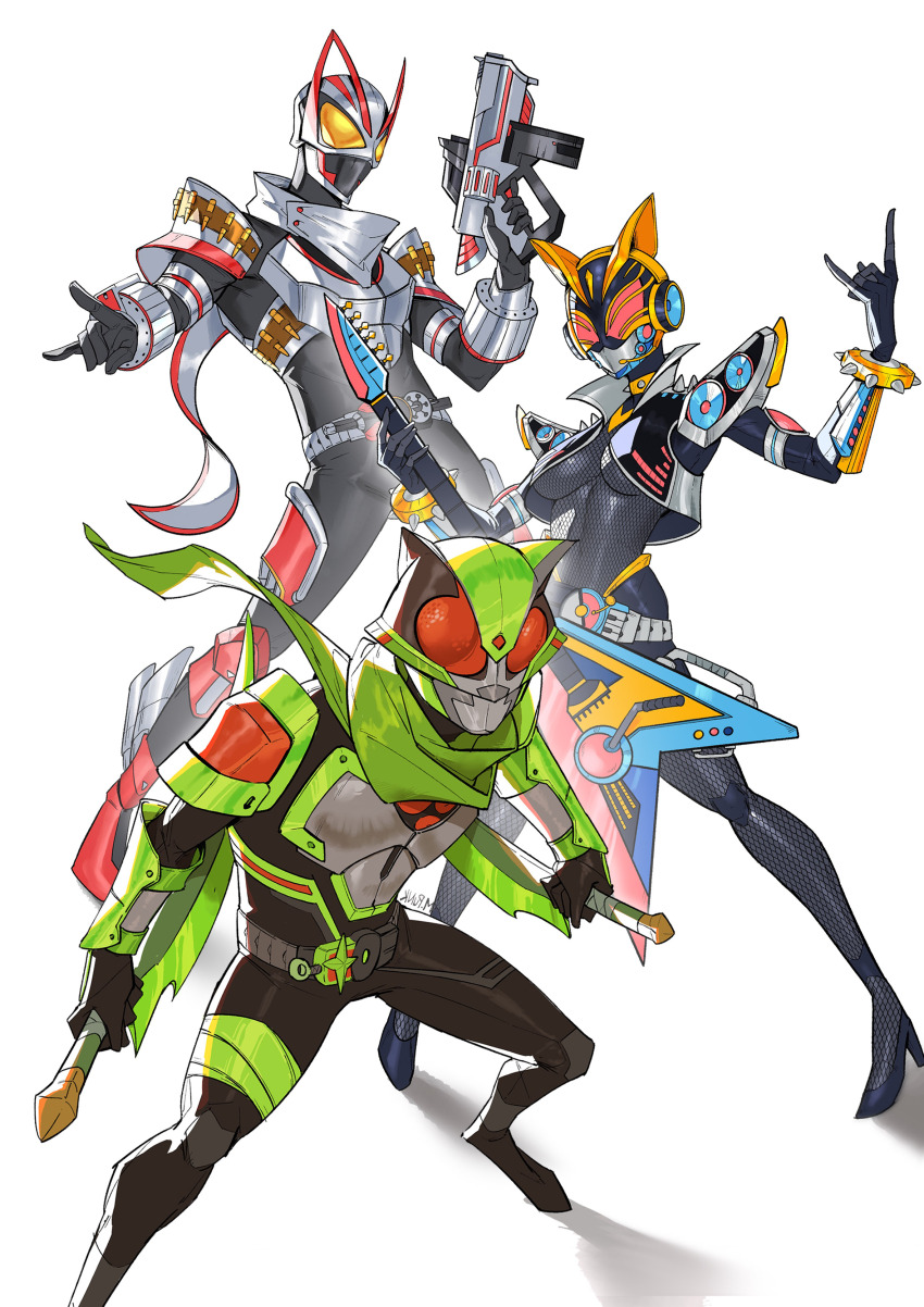 1girl 2boys \m/ absurdres animal_ears armor beat_axe beat_buckle black_bodysuit black_gloves bodysuit boost_buckle breasts cat_ears desire_driver rider_belt exhaust_pipe fox fox_ears fox_mask full_body gears geats_buster_qb9 gloves glowing glowing_eyes guitar high_heels highres holding holding_instrument holding_sword holding_weapon id_core instrument kamen_rider kamen_rider_geats kamen_rider_geats_(series) kamen_rider_na-go kamen_rider_tycoon kitsune looking_at_viewer magnum_boost magnum_buckle magnum_shooter_40x male_focus maniaxpunk mask medium_breasts multiple_boys ninja ninja_buckle ninja_dueler orange_armor power_armor raccoon_ears raise_buckle red_eyes reverse_grip rider_belt scarf solo sword tanuki tokusatsu weapon white_armor yellow_eyes