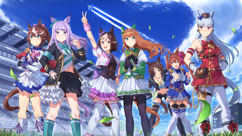 6+girls absurdres aircraft airplane animal_ears black_jacket blue_eyes bow breasts brown_hair crop_top crossed_arms daiwa_scarlet_(umamusume) dress ear_bow ear_covers ear_ornament ear_ribbon fang gold_ship_(umamusume) green_eyes hat highres horse_ears horse_girl horse_tail jacket jet jeze large_breasts long_hair mejiro_mcqueen_(umamusume) midriff midriff_peek miniskirt multiple_girls navel on_grass orange_hair pantyhose ponytail puffy_short_sleeves puffy_sleeves purple_eyes purple_hair red_bow red_dress red_hair short_hair short_sleeves shorts silence_suzuka_(umamusume) skirt small_breasts special_week_(umamusume) tail tokai_teio_(umamusume) twintails umamusume v vodka_(umamusume) white_hair white_jacket white_pantyhose yellow_eyes