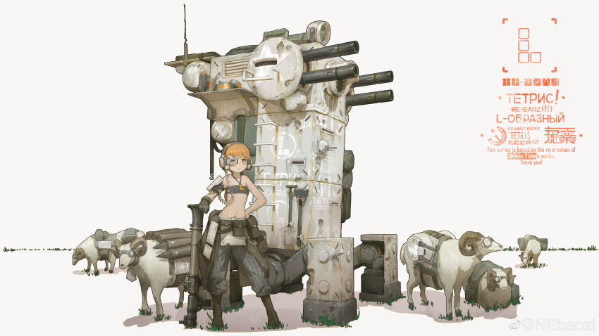 1girl absurdres animal bare_shoulders black_boots boots closed_mouth collarbone commentary_request headphones highres looking_at_viewer mecha ne_baozi orange_eyes orange_hair original robot rocket_launcher rpg rpg-7 rpg_(weapon) short_hair simple_background solo tetris walker_(robot) watermark weapon weibo_watermark