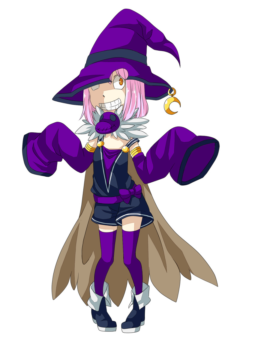 1girl alchemist_(ragnarok_online) black_boots black_dress boots brown_cape cape commentary_request crescent crescent_hat_ornament detached_sleeves dress full_body fur_collar grin hat hat_ornament hat_over_one_eye highres looking_at_viewer meiko_(nattu303) orange_eyes pink_hair purple_hat purple_sleeves purple_thighhighs ragnarok_online short_hair simple_background sleeveless sleeveless_dress sleeves_past_fingers sleeves_past_wrists smile solo standing thighhighs white_background witch_hat