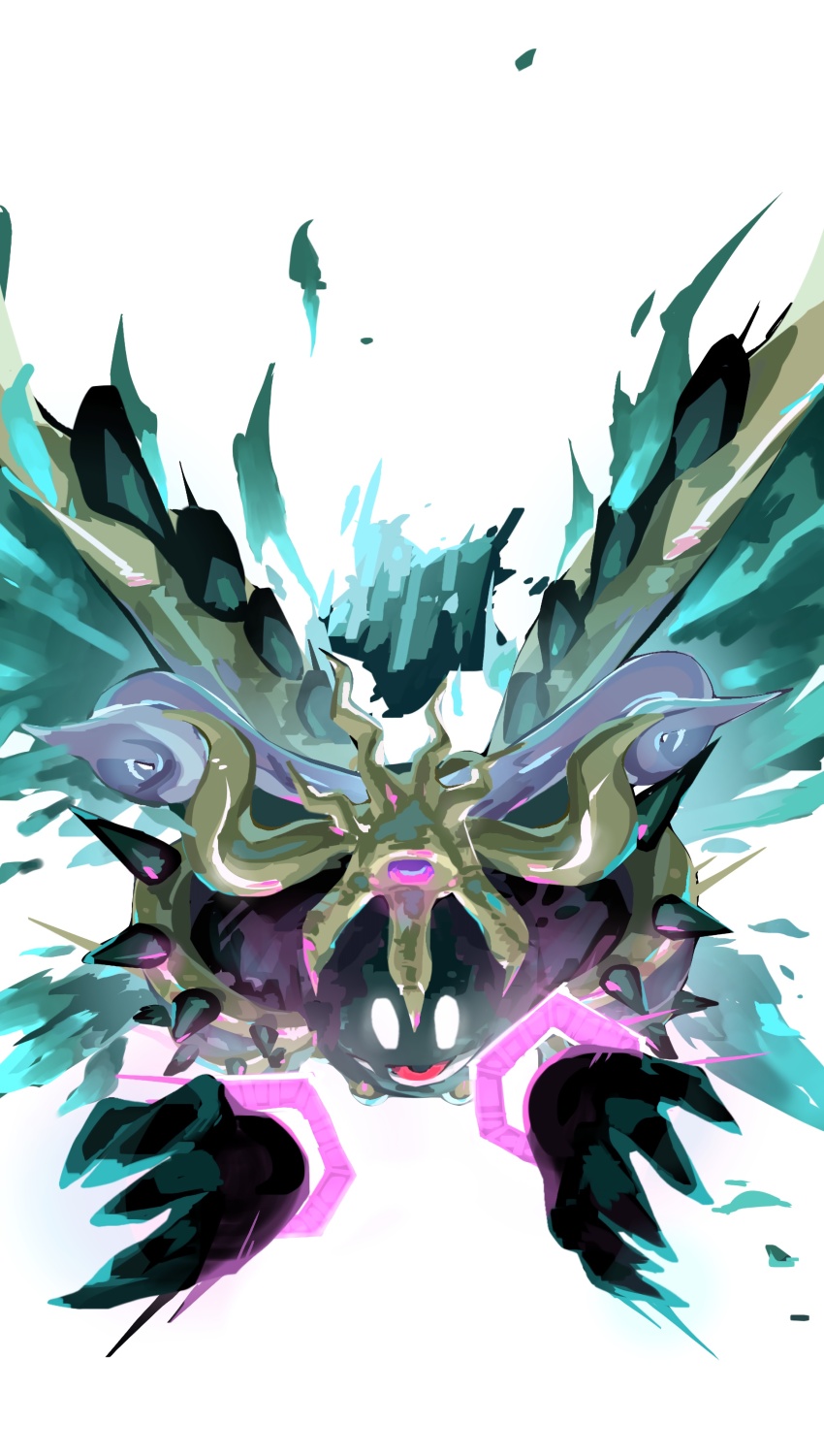 absurdres alternate_form claws commentary_request crown disembodied_hand glowing glowing_eyes highres kirby&#039;s_return_to_dream_land kirby_(series) magolor magolor_soul master_crown mikanbananala nintendo open_mouth simple_background solid_eyes spikes white_background white_eyes