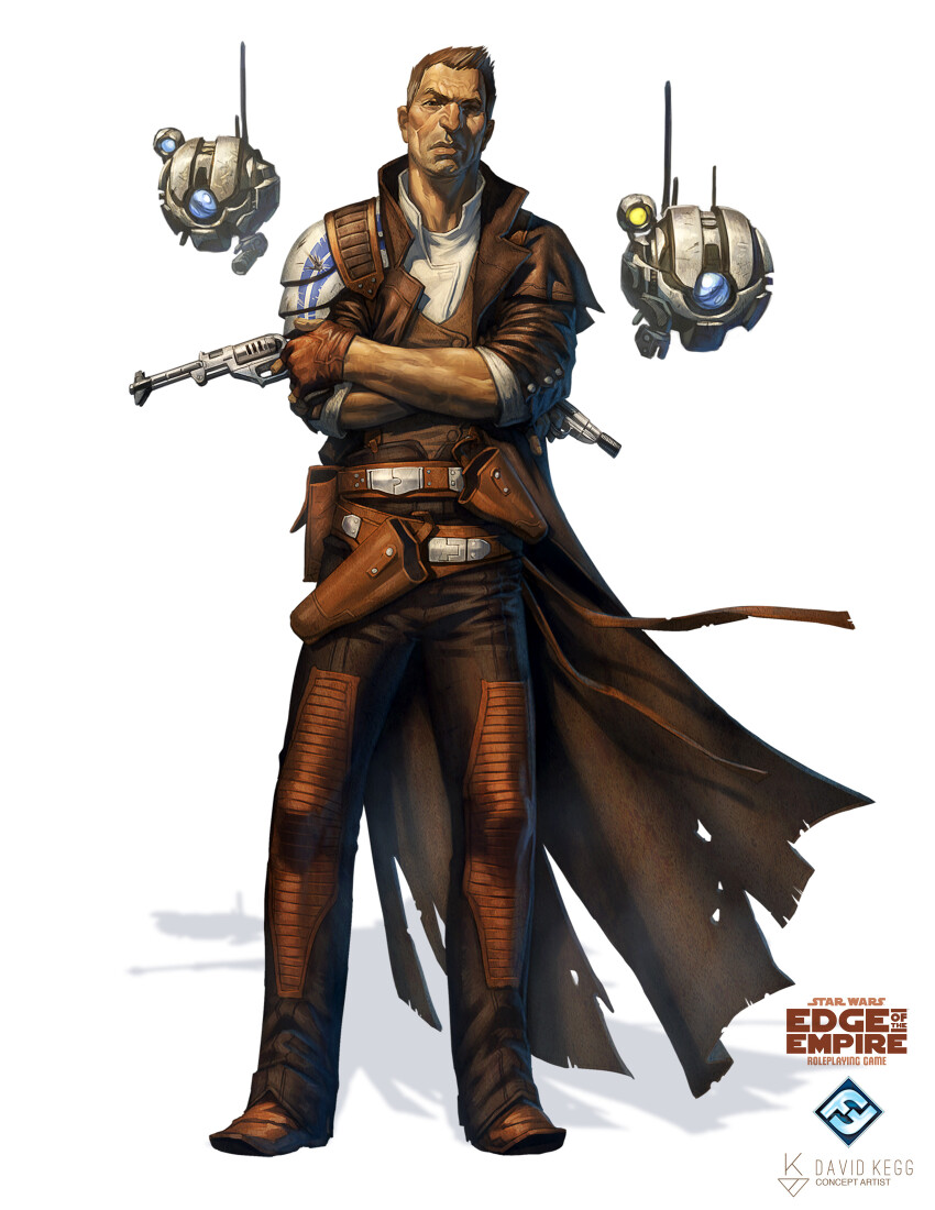 1boy absurdres boots brown_boots brown_coat brown_hair brown_pants brown_vest coat copyright_name cowboy cowboy_western davidkegg droid dual_wielding english_text full_body gun highres holding holding_gun holding_weapon holster logo long_coat looking_at_viewer open_clothes open_coat pants shirt short_hair simple_background solo star_wars star_wars:_edge_of_the_empire vest weapon western white_background white_shirt