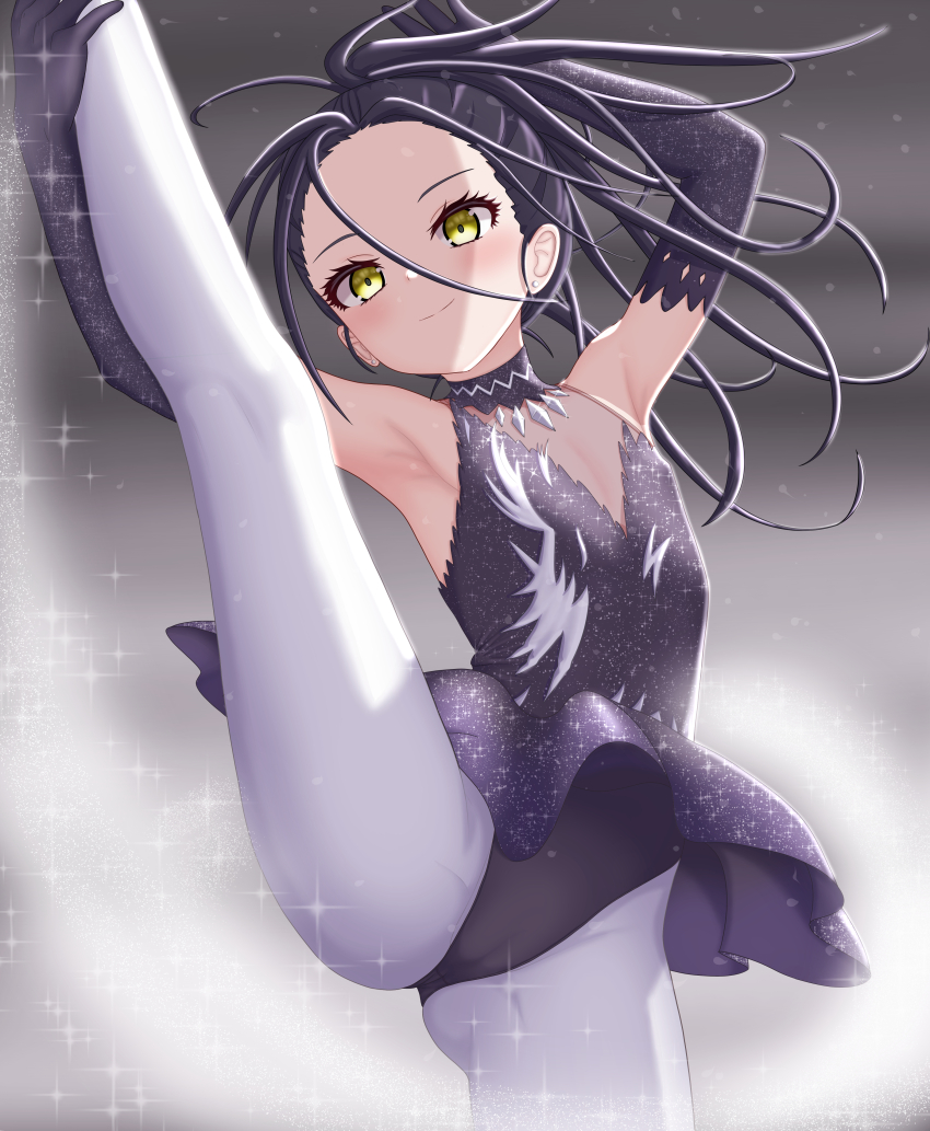 1girl absurdres azunyart black_dress black_gloves black_hair closed_mouth dress elbow_gloves figure_skating figure_skating_dress gloves highres kamisaki_hikaru leg_hold medalist_(manga) pantyhose smile solo split standing standing_on_one_leg standing_split yellow_eyes