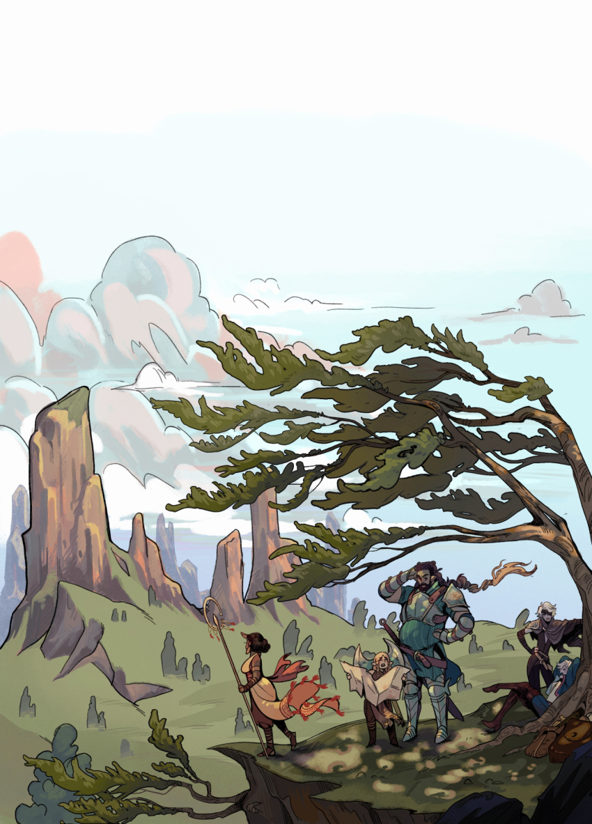2girls 3boys aqua_shirt armor armored_boots axe backpack bag battle_axe beard belt big_belly blonde_hair blue_jacket blue_pants blue_sky boots braid breastplate brown_hair brown_pants capelet cliff cloud colored_skin commentary cuisses day dress english_commentary facial_hair gradient_sky guest_art hand_on_own_head hand_on_own_hip highres holding holding_map jacket karst leaning_on_object long_hair map medium_hair mountainous_horizon multiple_boys multiple_girls mustache original outdoors pants pauldrons pointy_ears poleyn ponytail purple_skin ring_hair_ornament scabbard shakujou sheath shirt short_hair shoulder_armor single_pauldron sitting sky staff standing standing_on_one_leg sword thigh_boots tree twin_braids unworn_backpack unworn_bag vambraces very_long_hair weapon white_hair white_shirt wicksandwheat wind yellow_dress