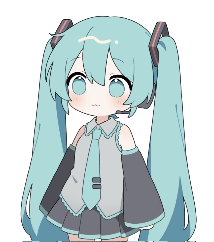 1girl :3 aqua_eyes aqua_hair aqua_necktie black_skirt black_sleeves closed_mouth corrupted_twitter_file cowboy_shot deformed detached_sleeves frilled_shirt frilled_shirt_collar frills grey_shirt hatsune_miku headset highres long_hair looking_ahead meroharome necktie shirt simple_background skirt sleeveless sleeveless_shirt smile solo twintails very_long_hair vocaloid white_background