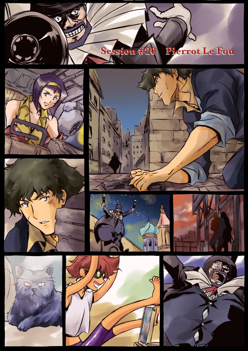 barefoot beard cat cowboy_bebop edward_wong_hau_pepelu_tivrusky_iv facial_hair faye_valentine goggles gun highres mad_pierrot open_mouth purple_hair spike_spiegel weapon