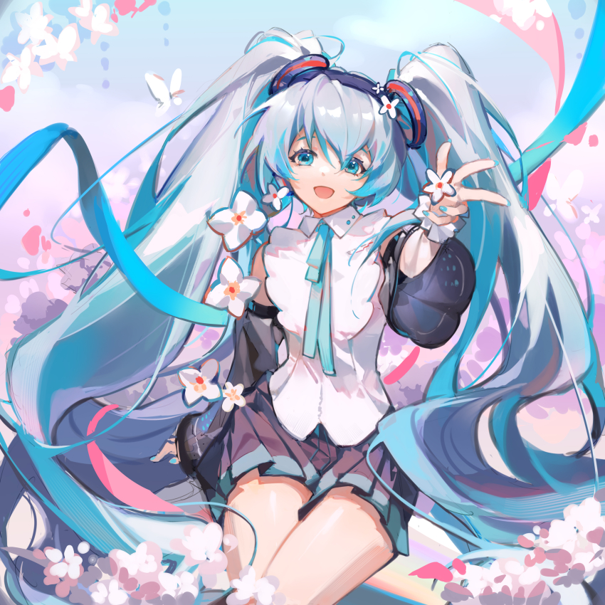 1girl :d absurdres arm_up bare_shoulders black_skirt black_sleeves blue_eyes blue_hair bolo_tie cowboy_shot detached_sleeves flower hair_between_eyes hatsune_miku highres long_hair long_sleeves looking_at_viewer miniskirt open_mouth pleated_skirt re_gaihuaqiti shirt skirt sleeveless sleeveless_shirt smile solo twintails very_long_hair vocaloid white_flower white_shirt
