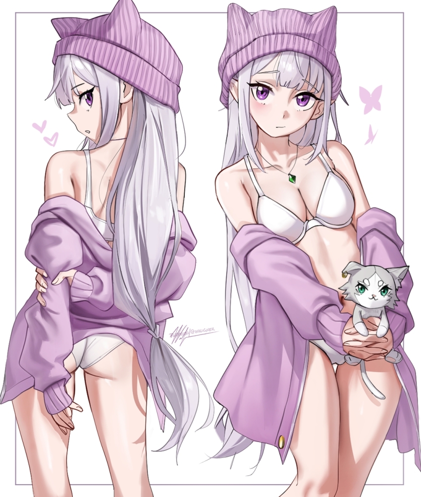 1girl arms_behind_back ass bare_shoulders bra breasts cardigan closed_mouth commentary elf emilia_(re:zero) english_commentary feet_out_of_frame from_behind green_eyes grey_hair hat hat_with_ears heart highres holding_own_arm inset_border jewelry legs_together long_hair long_sleeves looking_at_viewer looking_back low-tied_long_hair medium_breasts multiple_views necklace off_shoulder open_cardigan open_clothes paid_reward_available panties parted_lips pendant pink_cardigan pink_hat pointy_ears puck_(re:zero) purple_eyes re:zero_kara_hajimeru_isekai_seikatsu sideways_mouth signature simple_background sleeves_past_wrists standing thigh_gap twitter_username underwear very_long_hair waligner white_background white_bra white_panties