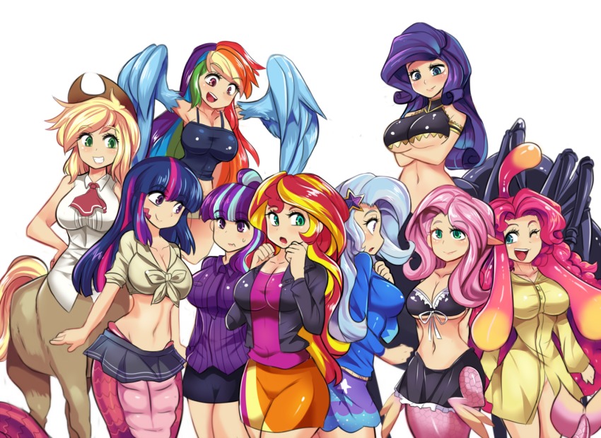 10s 2016 6+girls alternate_breast_size applejack aqua_eyes arachne arthropod_girl blonde_hair blue_eyes blue_feathers blue_hair blush breasts carapace centaur centorea_shianus centorea_shianus_(cosplay) cleavage cosplay cowboy_hat crossed_arms crossover eyelashes feathered_wings feathers fluttershy front-tie_top fusion green_eyes grin harpy hat hinghoi insect_girl lamia large_breasts long_hair mermaid meroune_lorelei meroune_lorelei_(cosplay) midriff miia_(monster_musume) miia_(monster_musume)_(cosplay) miniskirt monster_girl monster_musume_no_iru_nichijou multicolored_hair multiple_girls my_little_pony my_little_pony:_equestria_girls my_little_pony:_friendship_is_magic navel one_eye_closed open_mouth papi_(monster_musume) papi_(monster_musume)_(cosplay) personification pink_eyes pink_hair pinkie_pie pointy_ears princess_twilight_sparkle purple_hair rachnera_arachnera rachnera_arachnera_(cosplay) rainbow_dash rainbow_hair rarity_(my_little_pony) red_hair scales shirt sidelocks simple_background skirt slime_(substance) slime_girl smile spider_girl starlight_glimmer starlight_glimmer_(equestria_girls) sunset_shimmer sunset_shimmer_(human) suu_(monster_musume) suu_(monster_musume)_(cosplay) tail taur tied_shirt trixie_lulamoon trixie_lulamoon_(equestria_girls) twilight_sparkle two-tone_hair underboob white_background winged_arms wings