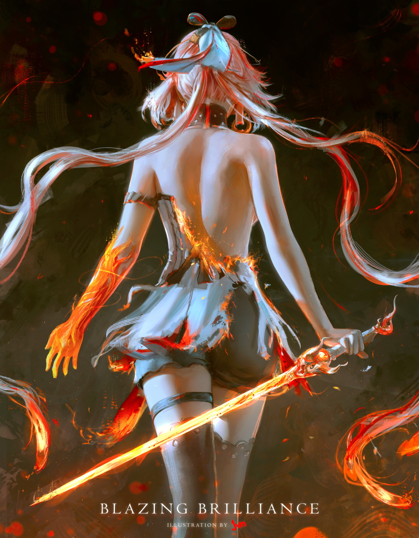 1girl absurdres artist_name bare_back bare_shoulders black_bow black_collar black_shorts black_thighhighs bow breasts burning_clothes changli_(wuthering_waves) collar colored_extremities commentary dark_background dress english_commentary english_text floating_hair from_behind hair_bow hair_spread_out highres holding holding_sword holding_weapon jvn large_breasts long_hair median_furrow multicolored_hair pink_hair red_hands shorts shoulder_blades solo streaked_hair sword thigh_strap thighhighs very_long_hair weapon white_bow white_dress white_hair wuthering_waves