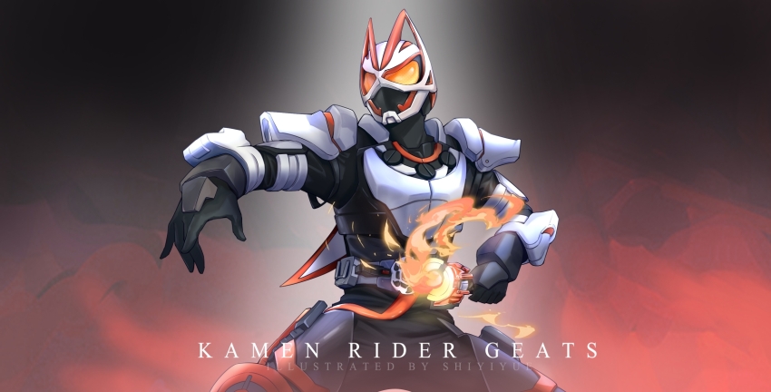 1boy armor armored_boots black_bodysuit black_boots black_gloves bodysuit boots desire_driver eblz0p fox fox_mask gloves highres kamen_rider kamen_rider_geats kamen_rider_geats_(series) kitsune magnum_boost magnum_buckle male_focus mask motor_vehicle motorcycle orange_armor raise_buckle scarf shoulder_armor solo splatter tokusatsu weapon white_armor white_scarf yellow_eyes