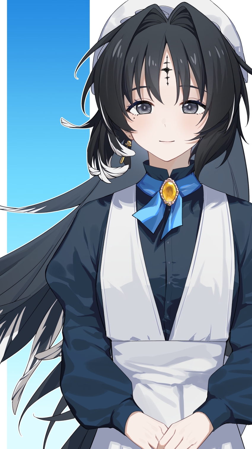 1girl absurdres alternate_costume apron black_dress black_eyes black_hair breasts chinese_commentary closed_mouth commentary_request dress earrings enmaided feather_hair hair_intakes hat highres jewelry kohane_kun long_hair looking_at_viewer maid mole mole_under_eye multicolored_hair own_hands_together parted_bangs small_breasts smile solo streaked_hair tacet_mark_(wuthering_waves) upper_body white_apron white_hat wind wuthering_waves yangyang_(wuthering_waves)