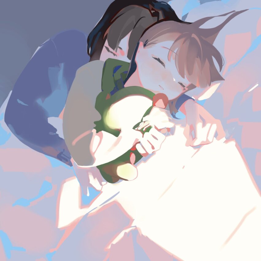 2girls ^_^ black_hair blue_cardigan blush brown_hair cardigan center-flap_bangs closed_eyes commentary dutch_angle gonzales_(love_live!) hair_spread_out highres hood hoodie hug hug_from_behind hugging_doll hugging_object kachimachi_kosuzu kachimachi_kosuzu_(summer_loungewear) link!_like!_love_live! long_sleeves love_live! lying momose_ginko momose_ginko_(summer_loungewear) multiple_girls nose_blush on_back on_side parted_lips pipi_(m1x_mix) short_hair sleeping spooning stuffed_dinosaur stuffed_toy virtual_youtuber yellow_hoodie yuri