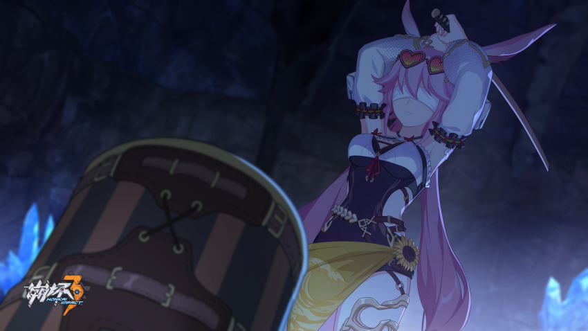 animal_ears arms_up blindfold breasts cave_interior chinese_commentary cleavage closed_mouth flower heart heart-shaped_eyewear highres holding holding_sword holding_weapon honkai_(series) honkai_impact_3rd imminent_hit indoors large_breasts logo long_hair official_alternate_costume official_art official_wallpaper pink_hair rabbit_ears standing sunflower sword very_long_hair weapon white_blindfold white_sleeves yae_sakura yae_sakura_(goushinnso_memento) yae_sakura_(sakura_summer)