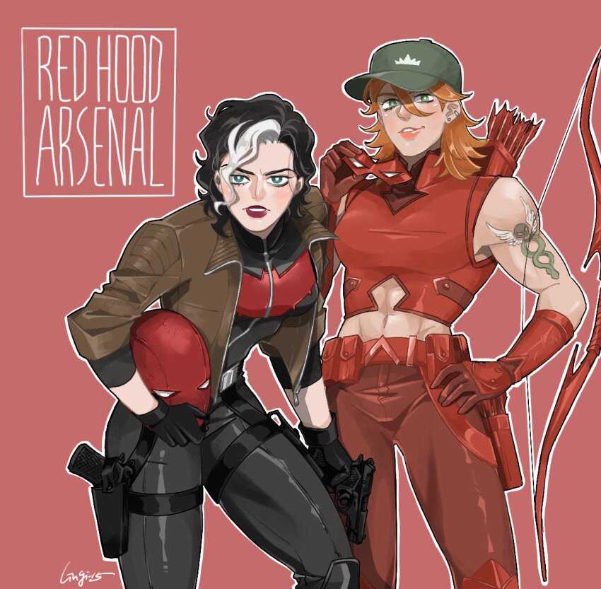 2girls abs archery arrow_(projectile) arsenal_(dc) artist_name baseball_cap batman_(series) batman_symbol black_bodysuit black_gloves black_hair blue_eyes bodysuit boots bow_(weapon) breasts brown_jacket dc_comics domino_mask genderswap genderswap_(mtf) gloves green_eyes hat holding holding_bow_(weapon) holding_weapon jacket jason_todd lingi-15 long_hair long_sleeves looking_at_viewer mask medium_breasts multicolored_hair multiple_girls muscular muscular_female open_clothes open_mouth orange_hair pants quiver red_bodysuit red_hood_(dc) red_mask roy_harper simple_background smile superhero_costume two-tone_bodysuit two-tone_hair weapon white_hair