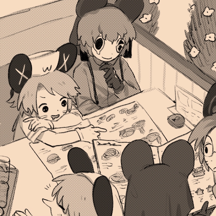 5boys booth_seating brown_theme commentary_request diner facial_mark hat highres indoors jacket kinder_surprised_michael_jr. male_focus menu monochrome mouse_hat multiple_boys present_day_problem_takeuchi_robert randal&#039;s_friends ratman_3_(randal&#039;s_friends) ratman_4_(randal&#039;s_friends) ratman_5_(randal&#039;s_friends) sailor sailor_hat shieriru short_hair sitting suspenders teardrop whisker_markings