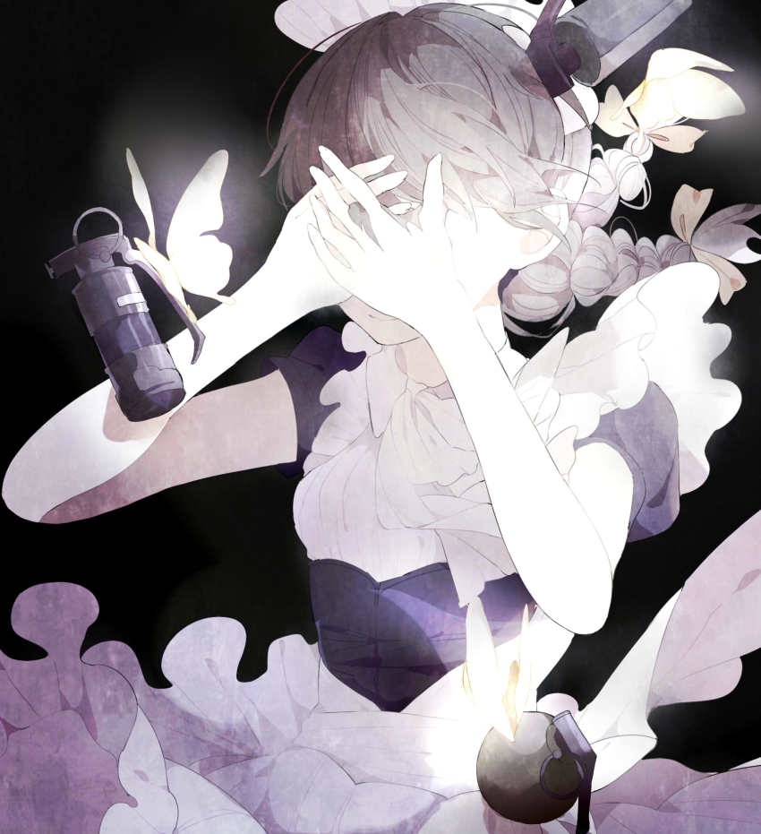 1girl animal apron ascot bare_arms black_background bow braid breasts brown_hair bug butterfly closed_mouth collared_dress covered_eyes covering_own_eyes dress explosive facing_viewer floating floating_clothes floating_hair floating_object frilled_apron frills glowing grenade grey_hair hair_bow hands_up highres insect maid maid_apron maid_headdress n79oqc3yja6jlof original own_hands_together short_sleeves simple_background small_breasts smile smoke_grenade solo three_monkeys twin_braids twintails upper_body waist_apron white_apron white_ascot yellow_bow