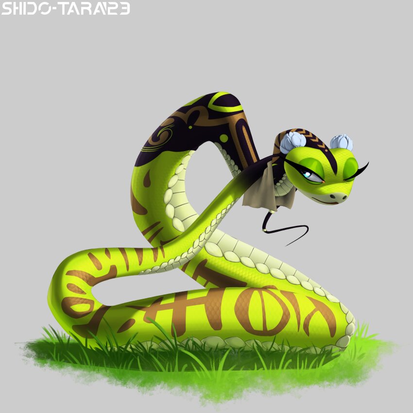 1girl absurdres artist_name blue_eyes full_body grass grey_background highres kung_fu_panda no_humans one_eye_closed shidotara simple_background snake solo viper_(kung_fu_panda)