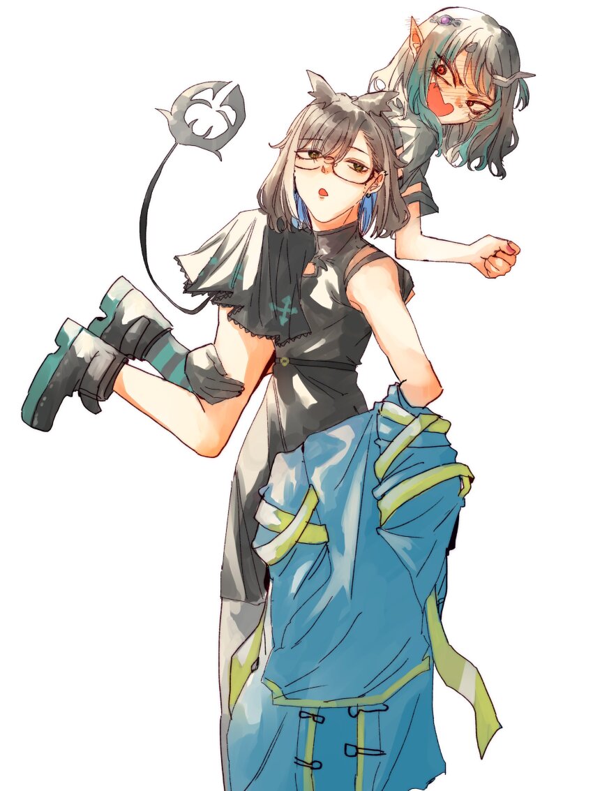 2girls absurdres amaotome black-framed_eyewear black_dress black_eyes black_footwear blue_hair blue_jacket blush boots carrying carrying_over_shoulder carrying_person commentary cowboy_shot demon_girl demon_horns demon_tail dress ear_blush flat_chest full-face_blush glasses grey_hair grey_pantyhose highres holding holding_jacket holding_unworn_clothes horns jacket looking_at_viewer multicolored_hair multiple_girls nanashi_inc. one_side_up open_mouth oura_rukako oura_rukako_(2nd_costume) pantyhose pointy_ears red_eyes shishio_chris shishio_chris_(3rd_costume) short_hair short_sleeves simple_background sleeveless sleeveless_dress tail two-tone_hair unworn_jacket virtual_youtuber white_background