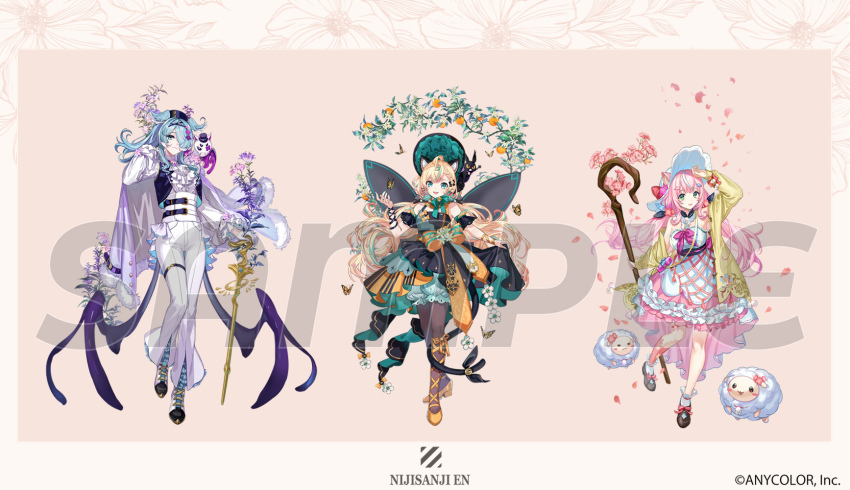 3girls :d ahoge alternate_costume animal animal_ear_fluff animal_ears animal_on_shoulder aqua_bloomers aqua_bow aqua_dress aqua_eyes aqua_hair arm_ribbon armpits ascot asymmetrical_legwear bag bare_shoulders basil_leaf bell bell-bottoms belt black_belt black_bow black_cat black_dress black_hat black_ribbon black_sash black_vest blonde_hair bloomers blue_hair blush boots border bow bowtie braid braided_bangs breasts brooch brown_footwear bug butterfly cane cat cat_ears cat_girl cat_tail center-flap_bangs cherry_blossoms closed_mouth coat coat_on_shoulders collar copyright_notice detached_sleeves dragon dress dress_flower elira_pendora fairy_wings falling_petals floral_print flower flower_brooch flower_tattoo food footwear_bow freesia_(flower) frilled_dress frilled_pants frilled_sleeves frills fruit fruit_tree full_body fur-trimmed_coat fur_trim gloves green_eyes green_nails hair_bow hair_flower hair_ornament hair_over_one_eye hairclip half_gloves halter_dress halterneck hand_up hat hat_flower head_wings high-low_skirt high-waist_pants highres hitokoto holding holding_cane holding_staff insect jacket lace-up_boots layered_legwear leg_ribbon leg_tattoo lily_(flower) lily_of_the_valley lineup long_hair long_sleeves looking_at_viewer low_twintails low_wings lucie_(millie_parfait) mary_janes medium_breasts millie_parfait multicolored_dress multicolored_hair multiple_girls nail_polish nijisanji nijisanji_en nijisanji_kr official_art open_clothes open_jacket open_mouth open_vest orange_(fruit) orange_blossoms orange_bow orange_collar orange_dress orange_ribbon orange_shoes pants pantyhose parted_lips petals pikl_(elira_pendora) pillbox_hat pink_background pink_bow pink_dress pink_flower pink_hair pink_socks ponytail purple_bow purple_bowtie purple_coat red_bow red_flower ribbon rose_print sample_watermark sash shading_eyes sheep shepherd&#039;s_crook shirt shoes short_sleeves shoulder_bag simple_background single_off_shoulder single_sock skirt_hold sleeve_bow sleeveless sleeveless_dress small_dragon smile socks square_neckline staff standing streaked_hair sun_hat tail tail_bell tail_ornament tail_ribbon tassel tattoo thigh_strap tree twintails two-sided_dress two-sided_fabric two-tone_dress underwear very_long_hair vest virtual_youtuber waist_bow waist_cape watermark white_ascot white_border white_dress white_flower white_footwear white_gloves white_hair white_hat white_pants white_shirt white_socks wings wooden_staff yang_nari yellow_jacket