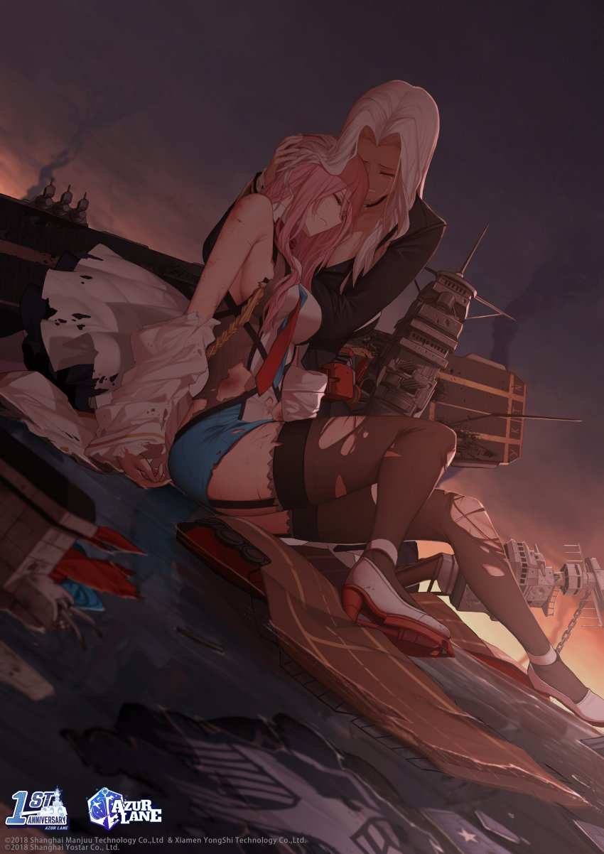 2girls absurdres azur_lane bare_shoulders black_jacket breasts closed_eyes crying damaged dishwasher1910 dress flight_deck garter_straps gloves high_heels highres jacket lace lace-trimmed_legwear lace_trim large_breasts lexington_(azur_lane) logo long_hair multicolored_dress multiple_girls necktie on_water outdoors parted_bangs parted_lips pink_hair red_neckwear rigging rudder_footwear sitting smoke torn_clothes torn_legwear very_long_hair watermark white_footwear