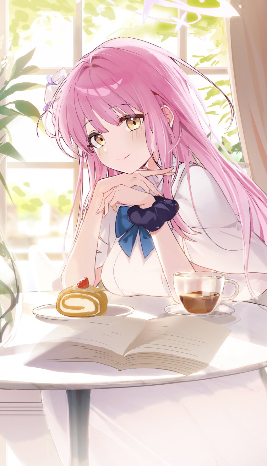 1girl absurdres b_soyo1 blue_archive blue_bow blue_bowtie blush book bow bowtie breast_rest breasts breasts_on_table cake capelet closed_mouth commentary cup day dress elbows_on_table food halo head_rest highres indoors large_breasts long_hair looking_at_viewer mika_(blue_archive) open_book pink_hair pink_halo scrunchie sitting smile solo split_mouth straight_hair swiss_roll table tea teacup upper_body white_capelet white_dress window wrist_scrunchie yellow_eyes