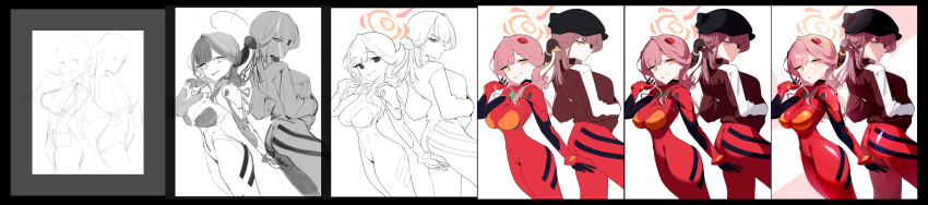 2girls alternate_costume animal_ear_headwear aru_(blue_archive) ass black_hat black_jacket blue_archive blunt_bangs bodysuit breasts broken_horns cleavage cosplay covered_erect_nipples demon_girl demon_horns dual_persona evangelion:_3.0_you_can_(not)_redo eyepatch fake_animal_ears grin hair_ornament hands_in_pockets hat highres horns jacket large_breasts long_hair long_image mecha_pilot_suit multiple_girls nasan_(coldtime) neon_genesis_evangelion plugsuit_(evangelion) rebuild_of_evangelion red_bodysuit red_hair smile souryuu_asuka_langley souryuu_asuka_langley_(cosplay) wide_image yellow_eyes