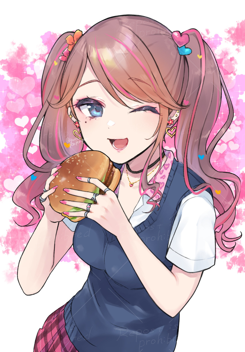 1girl ;d blue_eyes blush breasts brown_hair burger collared_shirt commentary_request commission dress_shirt ear_piercing earrings food gucchiann hair_ornament hanamachi_nachi hands_up heart heart_background heart_earrings heart_hair_ornament heart_necklace highres holding holding_food indie_virtual_youtuber jewelry long_hair looking_at_viewer medium_breasts multicolored_hair nail_polish necklace one_eye_closed open_mouth piercing pink_hair pink_nails plaid_clothes plaid_skirt pleated_skirt red_skirt ring school_uniform shirt short_sleeves skirt smile solo streaked_hair sweater_vest swept_bangs twintails virtual_youtuber white_shirt