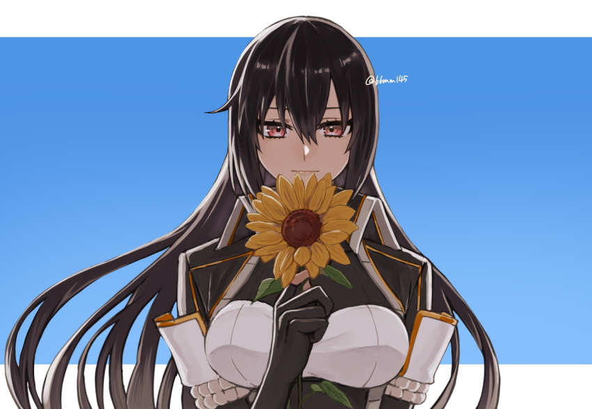 1girl black_coat black_gloves black_hair blue_background breasts brown_eyes coat flower gloves gradient_background holding holding_flower kantai_collection large_breasts long_hair machi_(ritovoyage) nagato_(kancolle) nagato_kai_ni_(kancolle) solo sunflower twitter_username two-tone_background upper_body