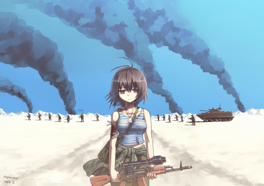 1girl afghanistan ak-74 antenna_hair armored_personnel_carrier armored_vehicle assault_rifle bad_id bad_pixiv_id bandages blood bmd-1 brown_eyes brown_hair caterpillar_tracks clothes_around_waist desert dog_tags expressionless female_focus gun highres infantry_fighting_vehicle jacket jacket_around_waist kalashnikov_rifle military military_jacket military_vehicle motor_vehicle original rifle scope shirt short_hair siqi_(miharuu) sky smoke soldier solo soviet soviet_army striped_clothes striped_shirt tank tank_top telnyashka torn_clothes torn_shirt vehicle war weapon