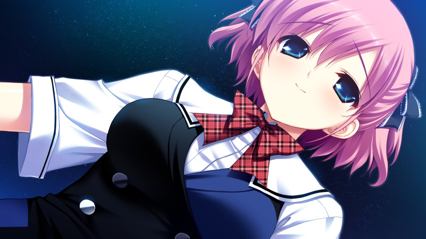 1girl black_bow black_dress blue_dress blue_eyes bow bowtie breasts buttons closed_mouth double-breasted dress frilled_bow frills fumio_(ura_fmo) game_cg grisaia_(series) grisaia_no_kajitsu hair_bow highres komine_sachi light_particles looking_at_viewer medium_breasts non-web_source pink_hair plaid_bow plaid_bowtie plaid_clothes red_bow red_bowtie sailor_collar school_uniform shirt short_hair short_sleeves smile solo two-tone_dress two_side_up upper_body variant_set white_sailor_collar white_shirt