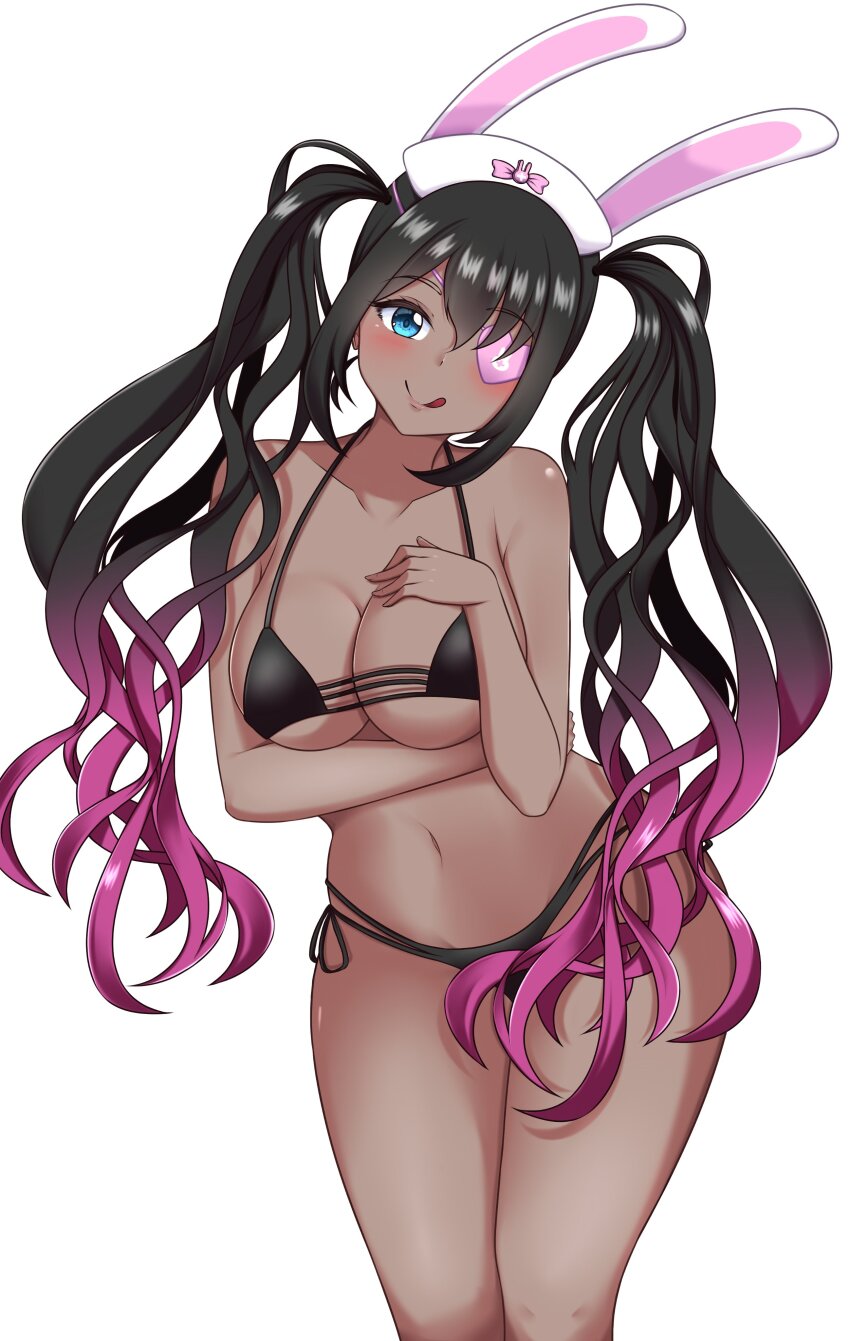 1girl :q absurdres animal_ears arm_under_breasts bikini black_bikini black_hair blue_eyes breasts closed_mouth collarbone commission dark-skinned_female dark_skin eyepatch fake_animal_ears gradient_hair hand_on_own_chest hat highres indie_virtual_youtuber juugosan long_hair multicolored_hair navel nurse_cap purple_hair rabbit_ears smile solo stomach swimsuit tongue tongue_out trinity_infinity virtual_youtuber