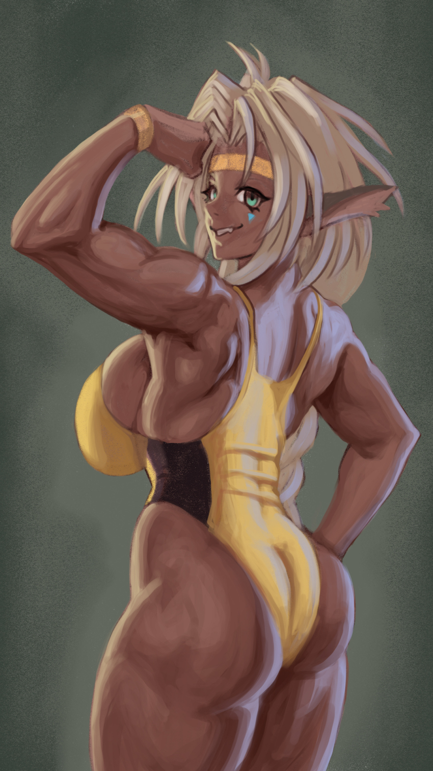 1girl aisha_clanclan animal_ears aqua_eyes arm_up ass ass_focus back black_one-piece_swimsuit breasts cat_ears cowboy_shot dark-skinned_female dark_skin eyebrows eyelashes facial_mark female_focus from_behind green_background grey_hair grin hand_on_own_hip highres huge_ass large_breasts long_hair looking_at_viewer looking_back muscular muscular_arms muscular_back muscular_female one-piece_swimsuit outlaw_star pointy_ears simple_background smile solo standing swimsuit teeth thick_thighs thighs two-tone_one-piece_swimsuit very_dark_skin yellow_one-piece_swimsuit zilvan