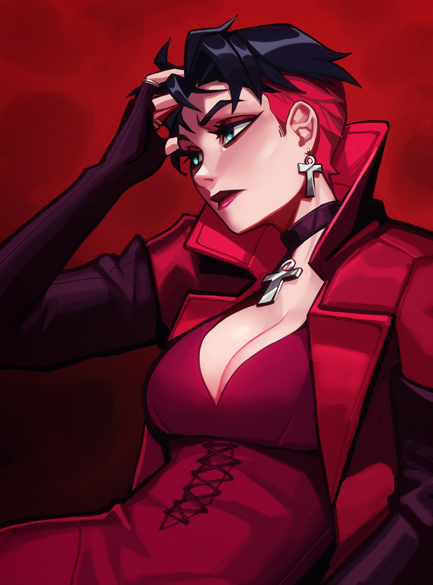 1girl breasts choker cleavage cross earrings eyeshadow fingerless_gloves gloves green_eyes high_collar highres jewelry lips makeup marvel medium_breasts multicolored_hair multiple_rings pendant qtori red_lips ring short_hair solo two-tone_hair upper_body wanda_maximoff x-men x-men_evolution