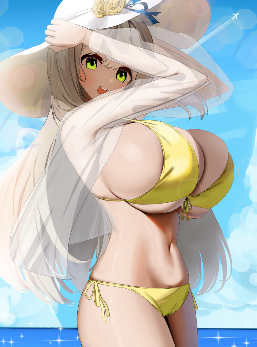 1girl absurdres aircraft airplane bikini blue_archive breasts cleavage deep_skin flower front-tie_top glint green_eyes hat hat_flower highres horizon huge_breasts jacket jet light_brown_hair long_hair looking_at_viewer looking_to_the_side navel nicorima nonomi_(blue_archive) nonomi_(swimsuit)_(blue_archive) ocean official_alternate_costume open_mouth see-through_clothes see-through_jacket see-through_shirt shiny_skin side-tie_bikini_bottom sideboob sky solo sun_hat swimsuit teeth thighs upper_teeth_only very_long_hair yellow_bikini