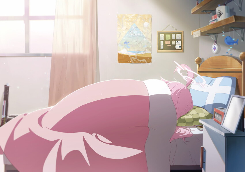 1girl ahoge blue_archive game_cg halo head_on_pillow highres hoshino_(blue_archive) huge_ahoge indoors non-web_source official_art on_bed pillow pink_halo sleeping solo under_covers