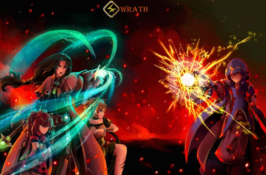 2boys 2girls animal_ears attack belt black_hair blood blood_on_face braid brown_belt cape casting_spell cat cat_ears cat_girl cat_tail choker collar commission commissioner_upload ebrietas_(arayaejiri) english_text facepaint facial_mark fire fire_emblem fire_emblem:_path_of_radiance fire_emblem:_radiant_dawn forehead_mark gem glowing glowing_eyes green_choker green_collar green_gemstone green_shorts hand_guard highres holding holding_staff injury laguz_(fire_emblem) lethe_(fire_emblem) long_hair lyre_(fire_emblem) magic messy_hair multiple_boys multiple_girls nintendo o-ring o-ring_belt open_mouth orange_hair orange_tail protecting purple_eyes rainbow_ribbon robe sash shorts siblings sisters soren_(fire_emblem) soren_(radiant_confidant)_(fire_emblem) staff tail twins waist_sash whisker_markings wrist_wrap