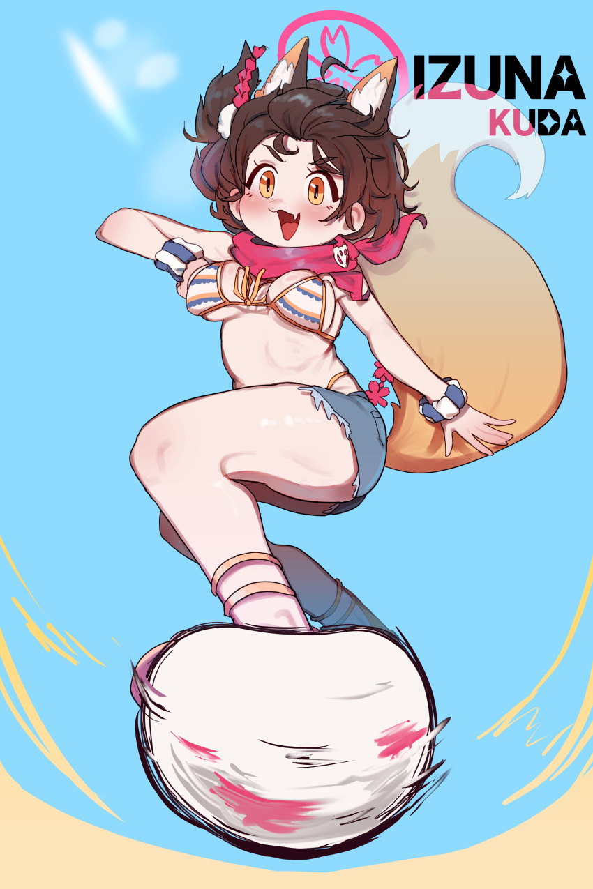 1girl absurdres animal_ear_fluff animal_ears bikini blue_archive blue_shorts blush breasts character_name commentary denim denim_shorts english_commentary extra_ears fang fox_ears fox_girl fox_tail full_body highres izuna_(blue_archive) izuna_(swimsuit)_(blue_archive) lulubelleiii medium_breasts official_alternate_costume open_mouth orange_eyes short_shorts shorts side_ponytail skin_fang solo swimsuit tail