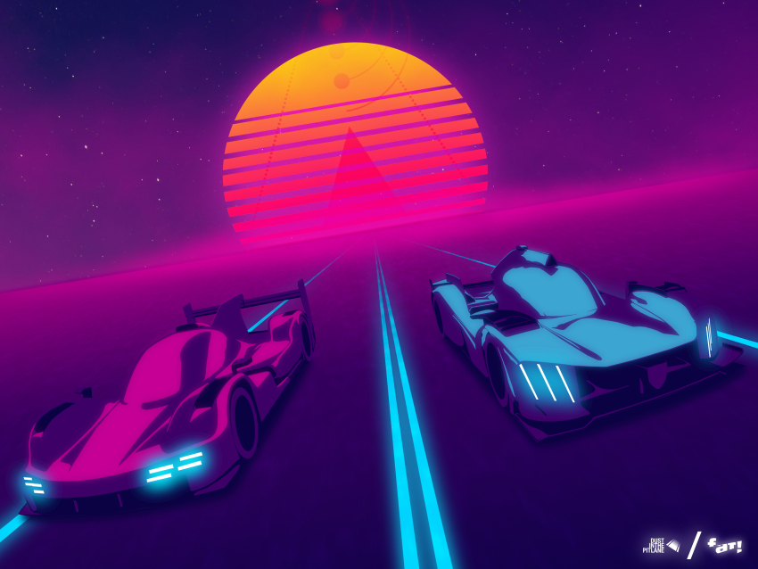 artist_name car commentary english_commentary fat_factor glowing highres imsa_sportscar_championship le_mans_prototype motor_vehicle no_humans peugeot peugeot_9x8 porsche porsche_963 race_vehicle racecar spoiler_(automobile) sunset synthwave vehicle_focus world_endurance_championship
