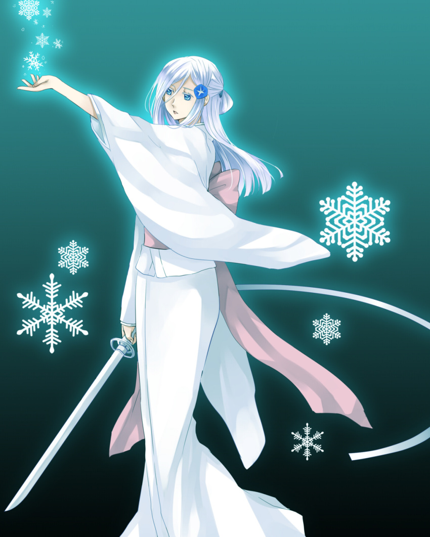 1girl bad_id bad_pixiv_id bleach bleach:_zanpakutou_ibun_hen blue_eyes female_focus hair_ornament highres japanese_clothes katana kimono long_hair outstretched_hand personification ribbon shichiko_(labi) shikai silver_hair snowflakes sode_no_shirayuki solo sword weapon