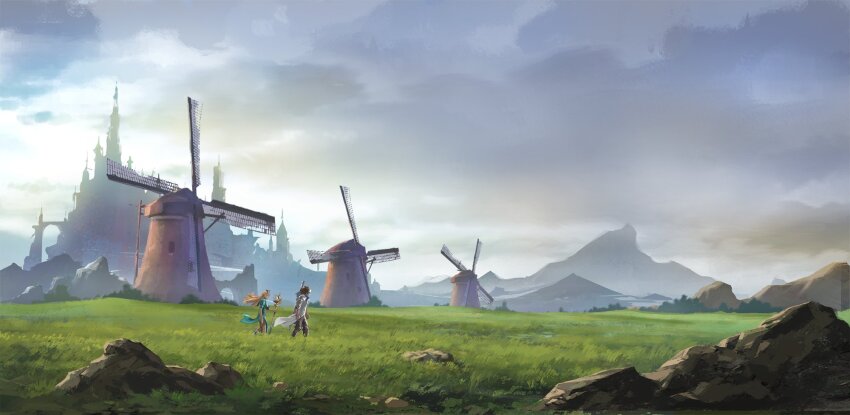 1boy 1girl armor artist_request black_pants blonde_hair brown_hair castle city cloud cloudy_sky coat commentary commentary_request dress english_commentary frey_(king&#039;s_raid) grass green_dress highres holding holding_staff kasel_(king&#039;s_raid) king&#039;s_raid korean_commentary landscape long_hair mixed-language_commentary mountain mountainous_horizon official_art pants plain scenery second-party_source sky staff sword sword_on_back walking weapon weapon_on_back white_coat windmill