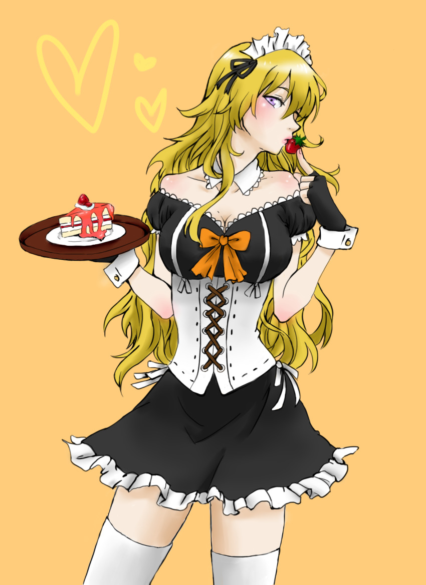 1girl bare_shoulders blonde_hair blush breasts cake cleavage corset female_focus fingerless_gloves food fruit gloves heart highres long_hair maid medium_breasts monotsuki purple_eyes rwby solo strawberry strawberry_cake strawberry_kiss thighhighs tray very_long_hair white_thighhighs wrist_cuffs yang_xiao_long yellow_background zettai_ryouiki
