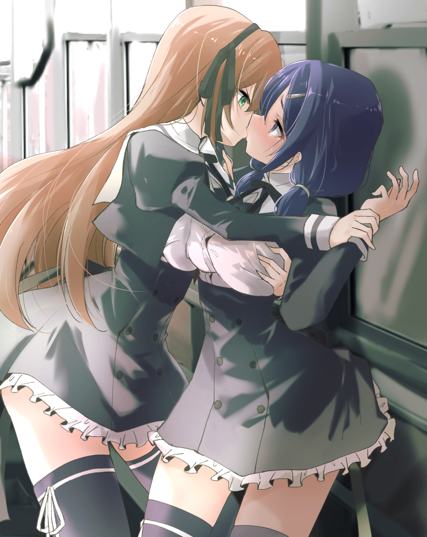 2girls absurdres against_wall assault_lily assertive_female asymmetrical_docking black_hairband black_ribbon black_skirt black_thighhighs blush bow_hairband breast_press breasts brown_hair buttons commentary_request commission covered_erect_nipples cowboy_shot cropped_jacket crying crying_with_eyes_open face-to-face french_kiss from_side grabbing_another&#039;s_breast green_eyes groping hair_ribbon hairband hand_on_another&#039;s_shoulder hands_up high-waist_skirt highres holding_another&#039;s_wrist indoors juliet_sleeves kabedon kiss large_breasts leaning_forward leg_ribbon long_hair long_sleeves looking_at_another low_twintails medium_breasts miniskirt multiple_girls neck_ribbon photo_background pixiv_commission profile puffy_sleeves purple_eyes purple_hair raised_eyebrows ribbon school_uniform see-through_clothes shirt short_twintails skirt standing tamura_nagi tears thigh_ribbon thighhighs twintails urutsu_sahari v-shaped_eyebrows very_long_hair watanabe_akane white_ribbon white_shirt yuri yurigaoka_girls_academy_school_uniform zettai_ryouiki