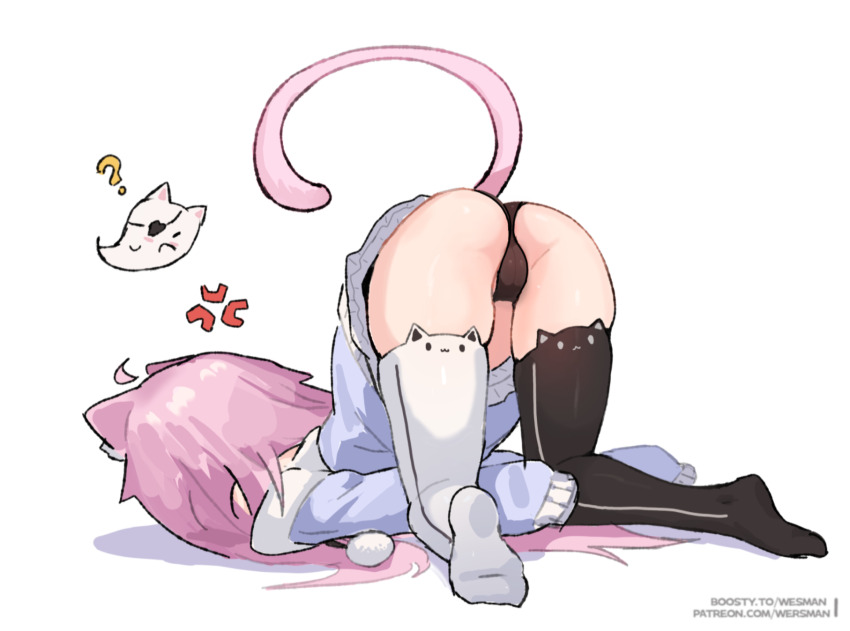 1girl anger_vein animal_ears ass black_panties black_thighhighs cat_ears cat_girl cat_tail ghost highres indie_virtual_youtuber jacket long_hair long_sleeves nyatasha_nyanners nyatasha_nyanners_(commander_cat) panties pink_fur purple_jacket sleeves_past_fingers sleeves_past_wrists tail thighhighs top-down_bottom-up underwear virtual_youtuber wersman white_thighhighs